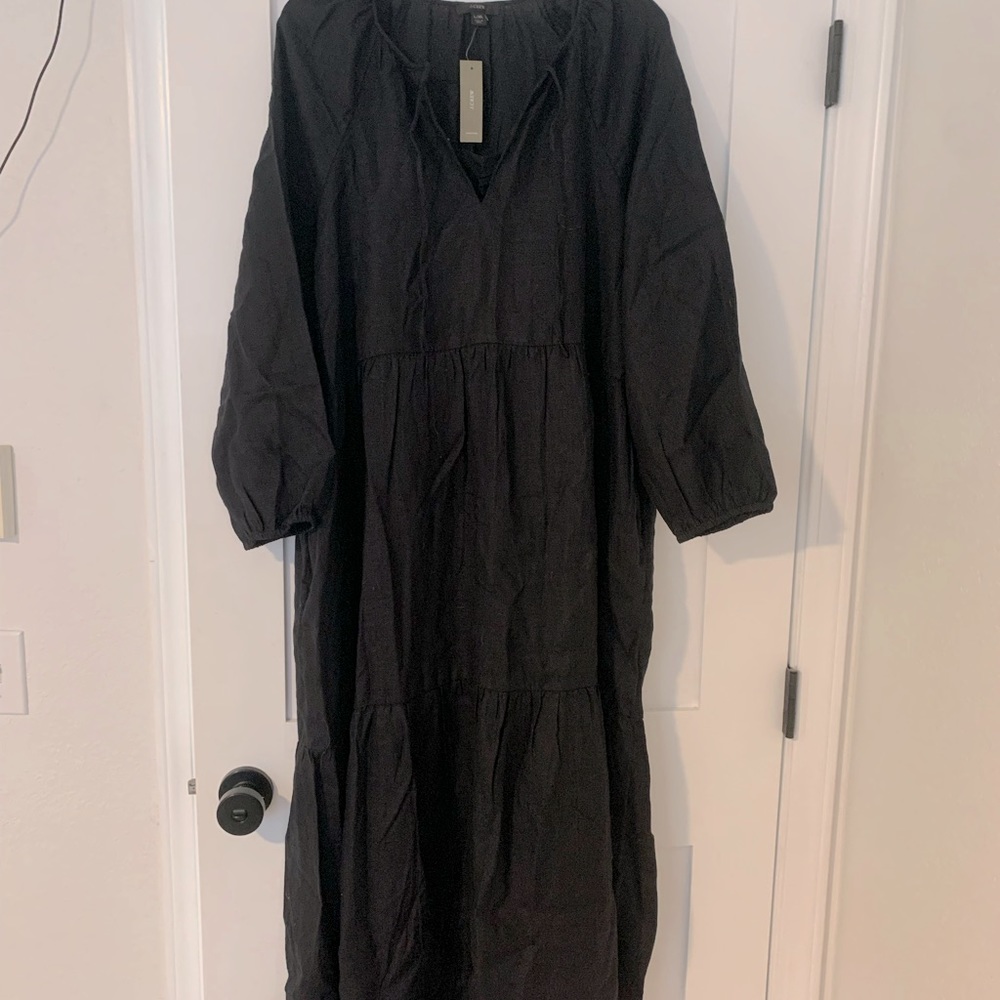NWT J.CREW BLACK LINEN MID-LONG DRESS SIZE L/XL